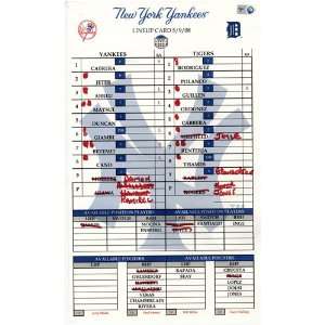 Yankees at Tigers 5 09 2008 Game Used Lineup Card (MLB Auth)  