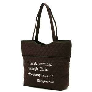 Belvah Quilted Bible Verse Tote Bag (Philippians 413)   Brown/Ivory 