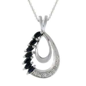  Sterling Silver Diamond Accented Sapphire Teardrop Pendant 