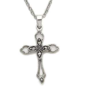 Sterling Silver Open Ended Cross Neckalce with Set Marcasite Stone 
