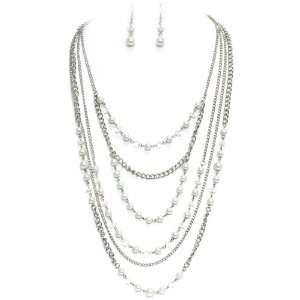  Long Layered Necklace Set; 36L; Silver Metal; White Beads 