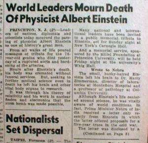 1955 newspaper DEATH Physicist Genius ALBERT EINSTEIN  