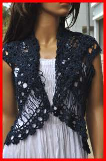 Vtg Thai handmade Boho winter Knitwear crochet vest coat women navy 