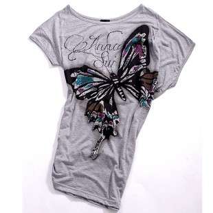 Women Butterfly Asymmetric T shirt GRAY WHITE vs rhinestone  