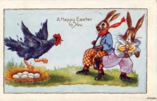 HAPPY EASTER TO YOU MAD HEN CLUCKING AT TWO RABBITS 1931  