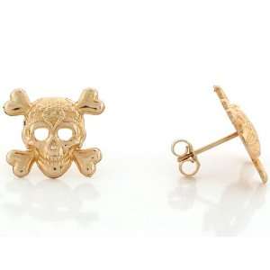  14k Yellow Gold 1.4cm Skull and Crossbones Pin Earrings 