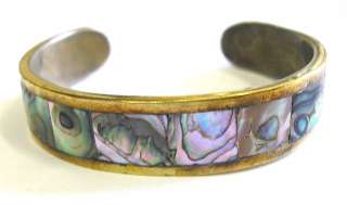 VINTAGE MEXICO SILVER ABALONE SHELL TILES CUFF BRACELET  