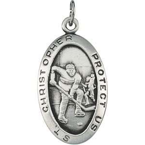   50 Mm Sterling Silver St. Christopher Hockey Pendant W/ 24 Inch Chain