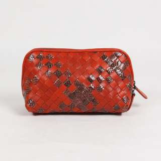 Authentic Bottega Veneta Red Woven Leather Comestic Bag  