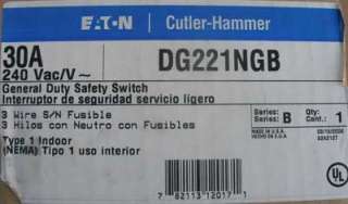 New Cutler Hammer DG221NGB Fusible Safety Switch 30A 240VAC Nema 1 