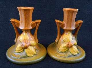 1944 Pair ROSEVILLE Art POTTERY Clematis CANDLE Stick HOLDERS Brown 
