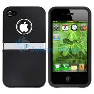 Black w/ Chrome Stand Hard CASE+PRIVACY Protector for VERIZON iPhone 4 