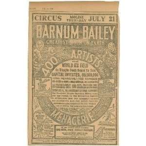  1910 Barnum Bailey Circus Advertisement Moline IL 
