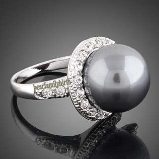 18k white gold GP swarovski crystal grey pearl ring 1783  