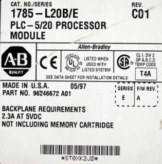 Allen Bradley A B 1785 L20B/E PLC 5/20 Processor Module  
