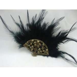  NEW Antique Gold Asian Fan with Black Feathers, Limited 