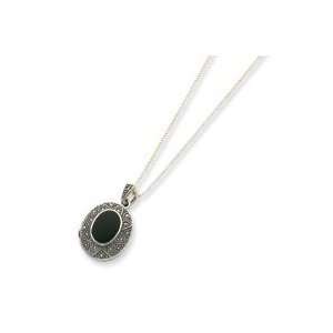   Sterling Silver Marcasite & Onyx Locket on 24 Chain Necklace Jewelry