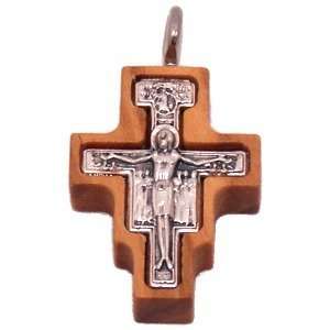  Olive wood Cross with Embedded pewter Cross   San Damiano 