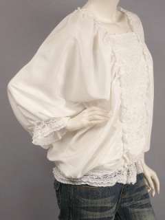 White Ruched Lace Trim Dolman Sleeve Slouchy Blouse Top M  