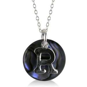   Silver and Abalone Shell R Initial Pendant Necklace Jewelry