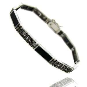  Sterling Silver Marcasite Black Onyx Rectangle Bracelet Jewelry