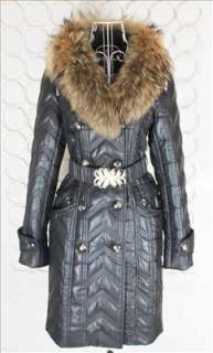 New Womens Raccon/Fox Fur Neck Belt Long Coat S/M/L/XL 329 Black 