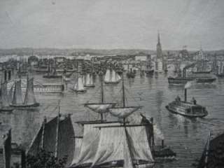Original Antique Engraving BROOKLYN HEIGHTS East River Bridge Ferry 