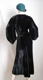 Deco Treat   Vintage 1920s 30s Black Silk Velvet Balloon Sleeves Dress 