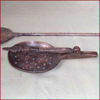 OLD PAIR OF COPPER COOKING UTENSILS SPATULA STRAINER ENGRAVED 