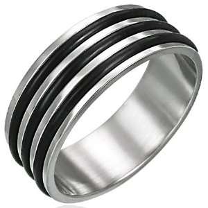 Stainless Steel Band with Triple Rubber Accents, 8mm Wide, Womens Ring 