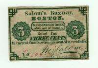 1860s 3c Saloms Bazaar   Boston MASSACHUSETTS note CIVIL WAR era 