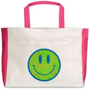    Beach Tote Fuchsia Smiley Face With Peace Symbols 