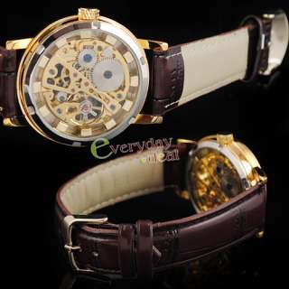   Mens Wrist Watch Gold Steel Skeleton Movt Hand Winding Leather  