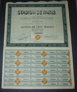 Old 1934 STADIUM de PARIS Stock Certificate   OLYMPICS  