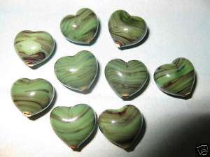 New 10 Lampwork Heart Shaped Beads 14mm Marble Green  