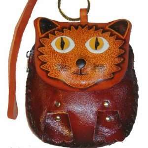  Real Leather Wristlet Change/coin Purse, a Happy Cat Pattern 