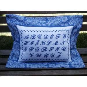    Bluework alphabet sampler French linen pillow sham
