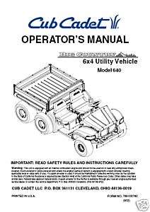 Cub Cadet Owners Manual Model #640 6x4 Utility Vehicle  