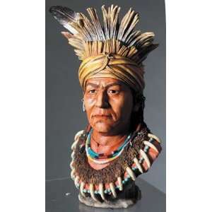 Native American Indian Sculpture Warrior Bust w/ Bear Claw Necklace 