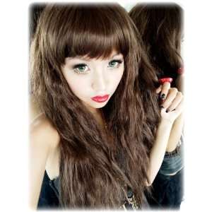 Curly Wavy Very Light Brown Synthetic Full Wig Straight Chinese Bangs 