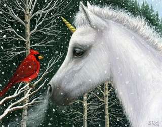 Unicorn foal horse cardinal bird winter snow fantasy limited edition 