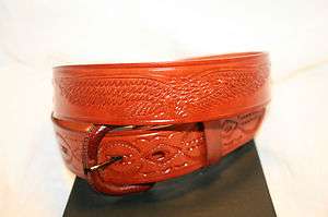 Western Tooled Genuine Leather Mens Belt Caramel Colored Braided 