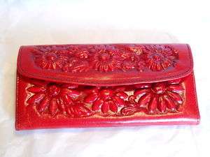 New Ladies Leather Tooled Western Style Wallet in Red  