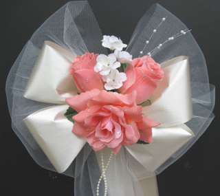 PEACH/ IVORYsatin wedding pew bows decorations bouquet  