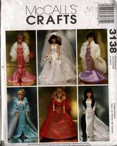   Mccalls 3138 11 1/2 Barbie doll Clothes Wedding& Evening Dress UC