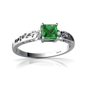  14K White Gold Square Created Emerald Filligree Ring Size 
