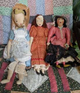 Three Edith Flack Ackley Style, cloth dolls, vintage, EFA  