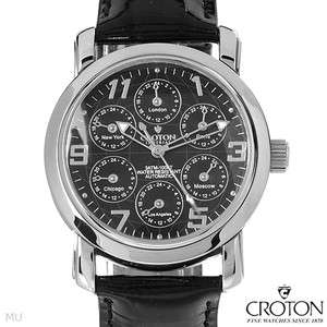 CROTON Watch Mens Imperial Automatic Skeleton 6 Time Zones Black 