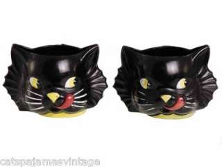 Pair Vintage Black Cat Licking Lips Cups Plastic 1940s  