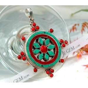  Intricate Inlays Red Coral, Turquoise Designer Sterling 